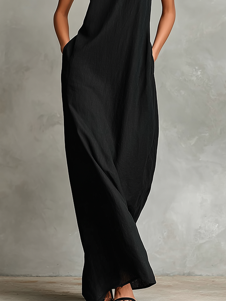 Women's Black Linen High Neck Maxi Dress – ModClo