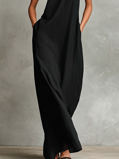 Women's Black Linen High Neck Maxi Dress – ModClo