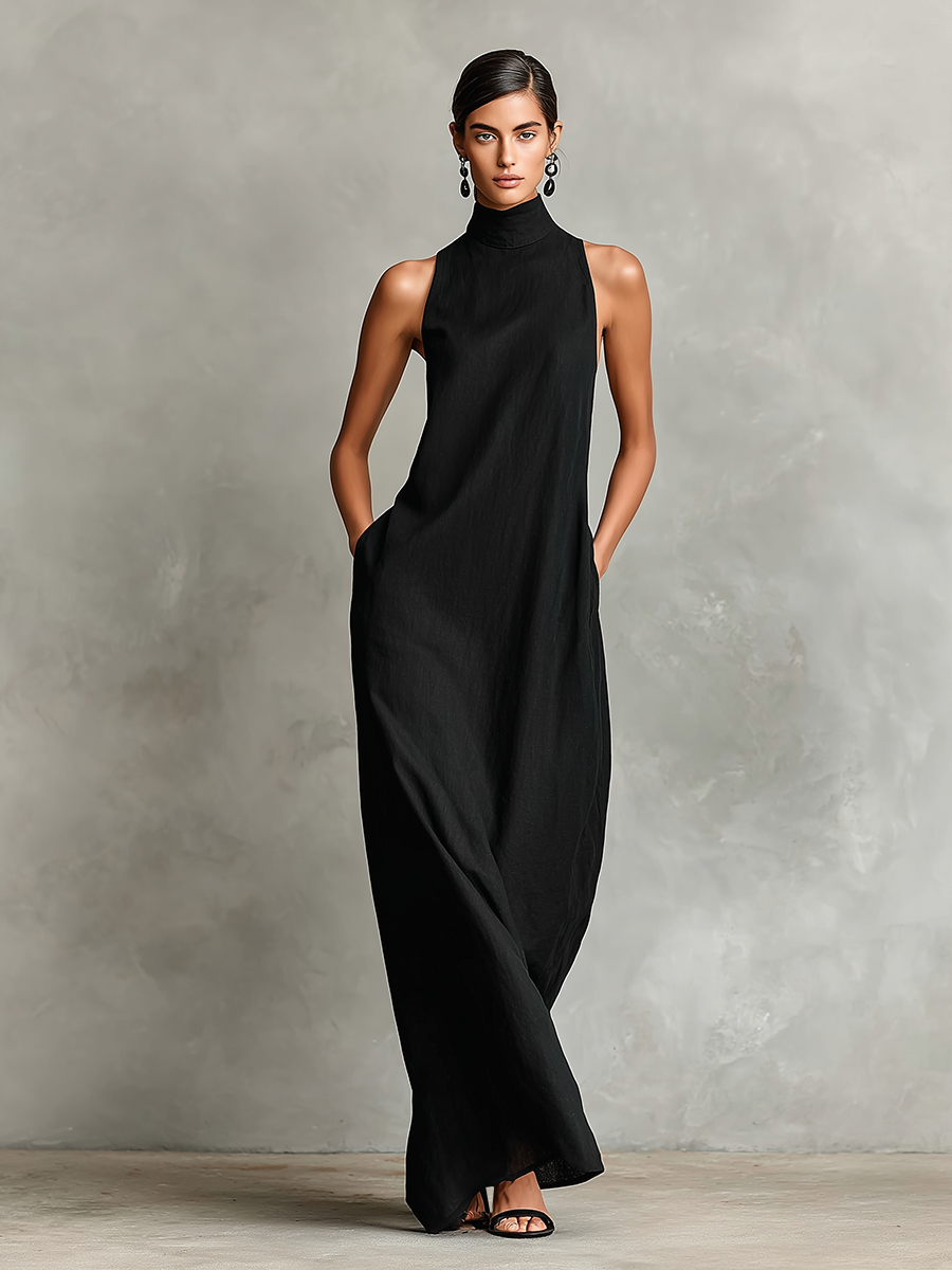 Women's Black Linen High Neck Maxi Dress – ModClo