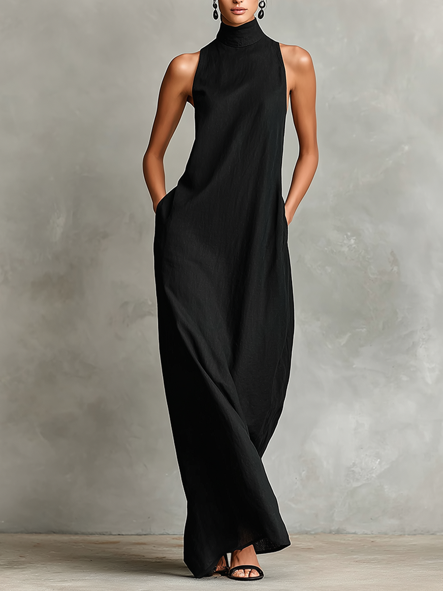 Women's Black Linen High Neck Maxi Dress – ModClo