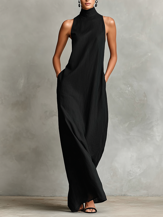 Women's Black Linen High Neck Maxi Dress – ModClo