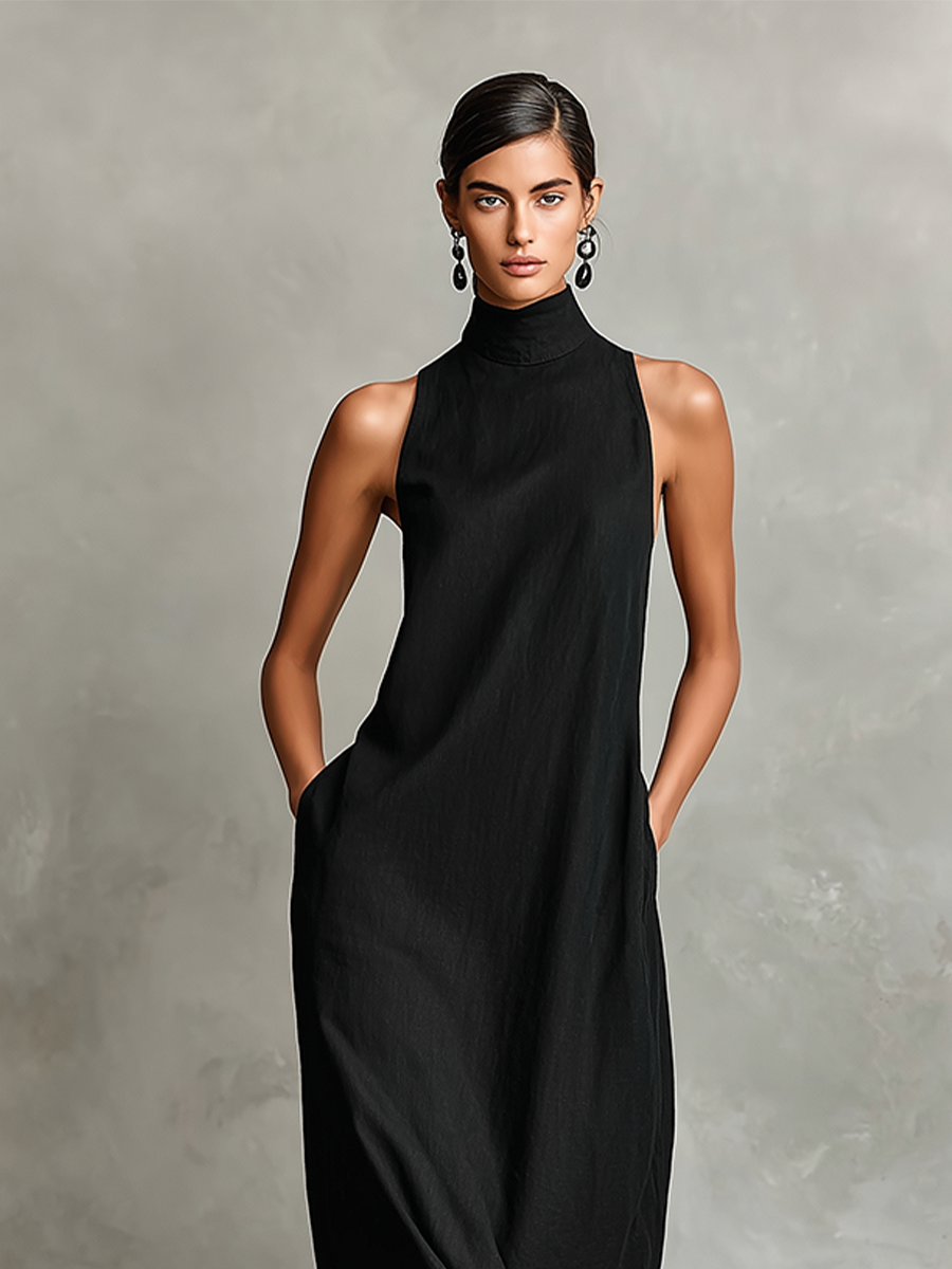 Women's Black Linen High Neck Maxi Dress – ModClo