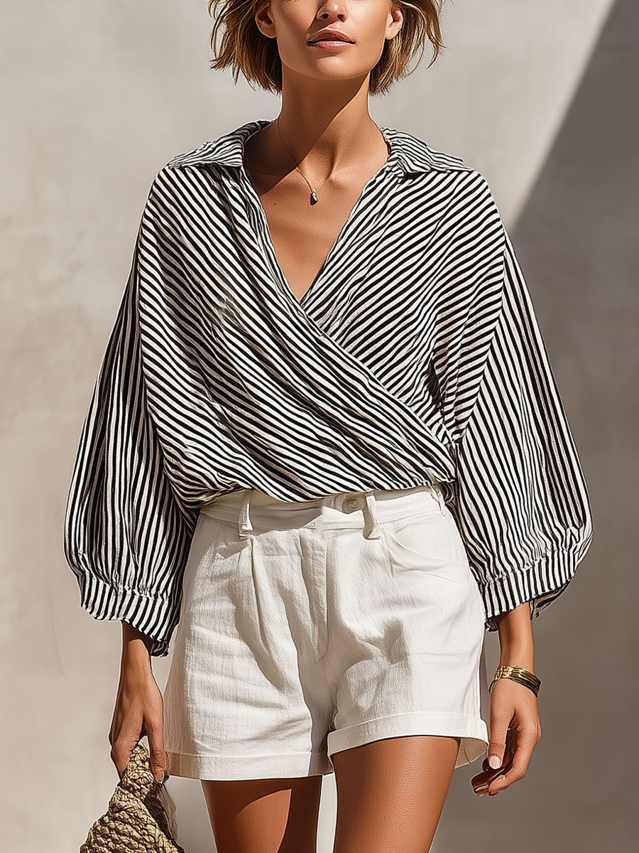 Women's Black Wrap Striped Two-Piece Set – ModClo