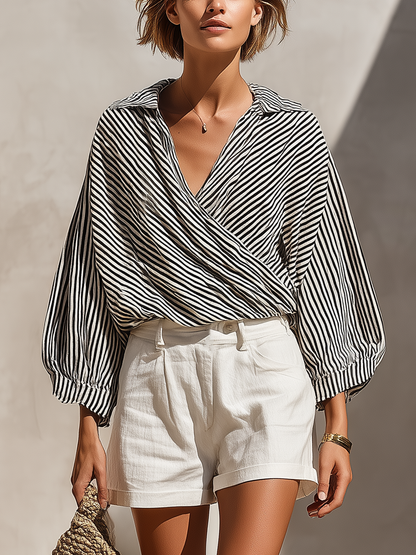 Women's Black Wrap Striped Two-Piece Set – ModClo
