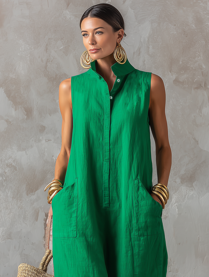 Women's Linen Sleeveless Stand Collar Jumpsuit – ModClo