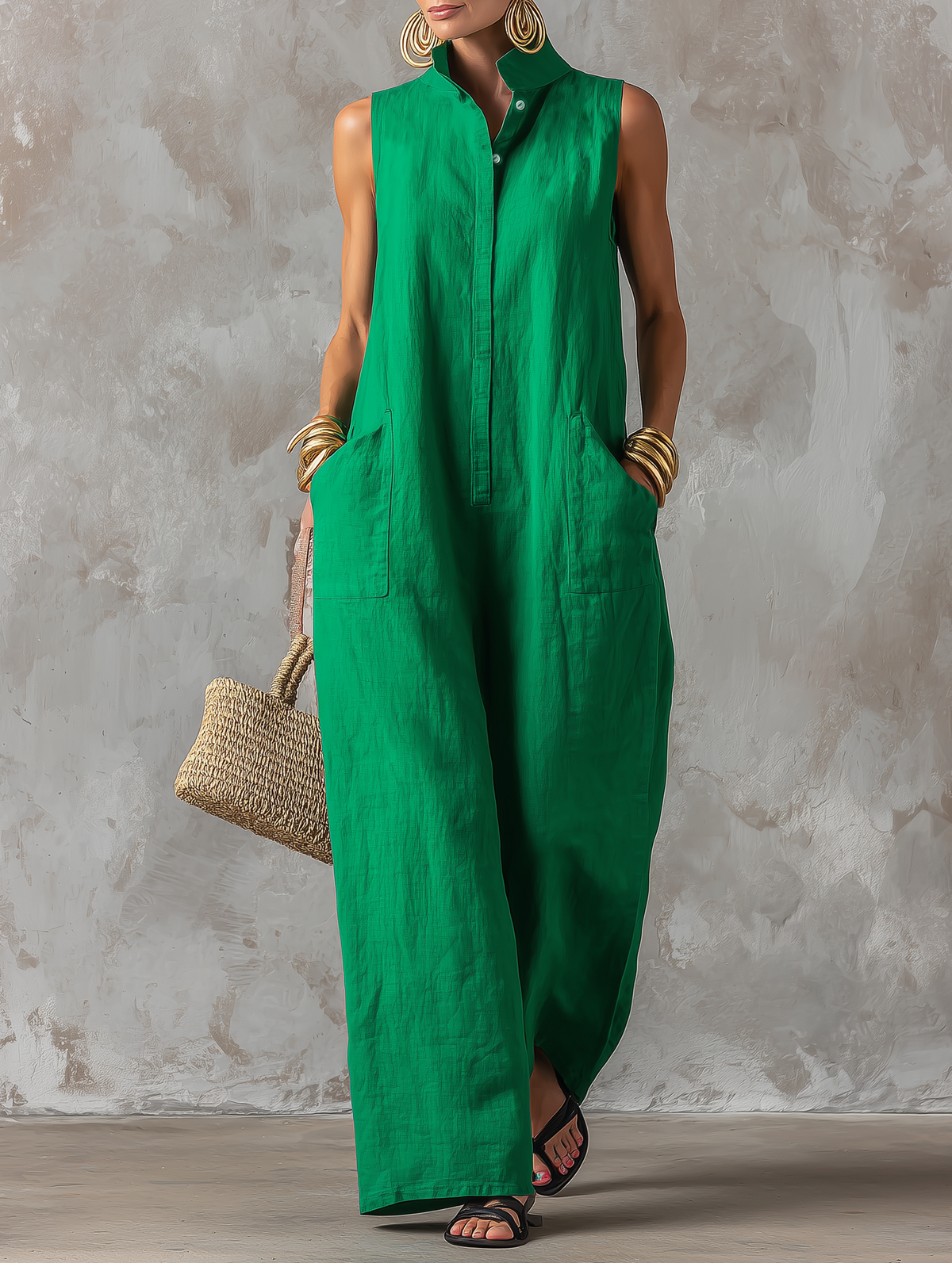 Women's Linen Sleeveless Stand Collar Jumpsuit – ModClo