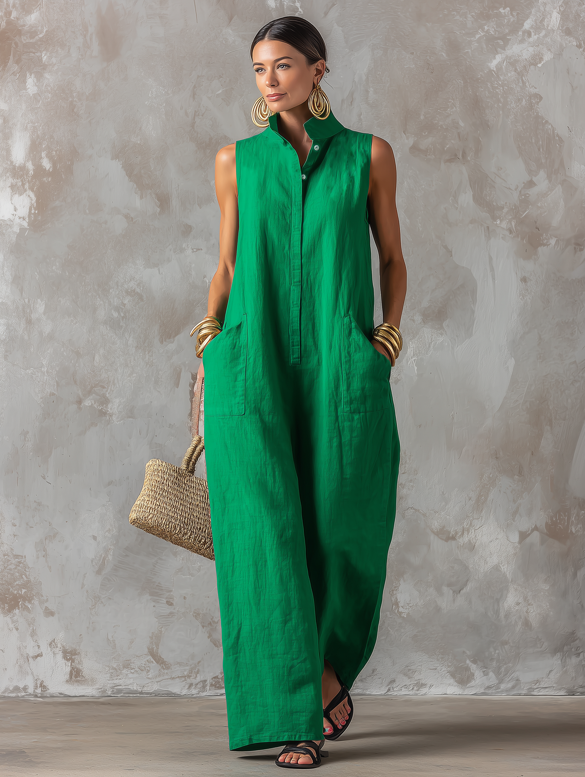 Women's Linen Sleeveless Stand Collar Jumpsuit – ModClo