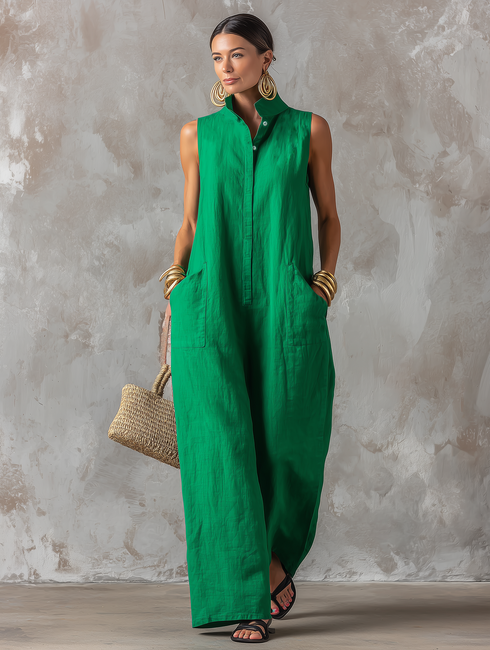 Women's Linen Sleeveless Stand Collar Jumpsuit – ModClo