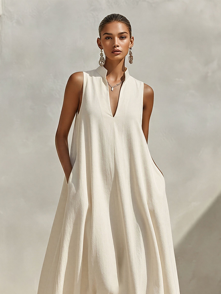 Women's Cream Linen Sleeveless Stand Collar Maxi Dress – ModClo