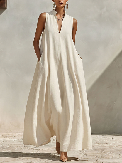 Women's Cream Linen Sleeveless Stand Collar Maxi Dress – ModClo