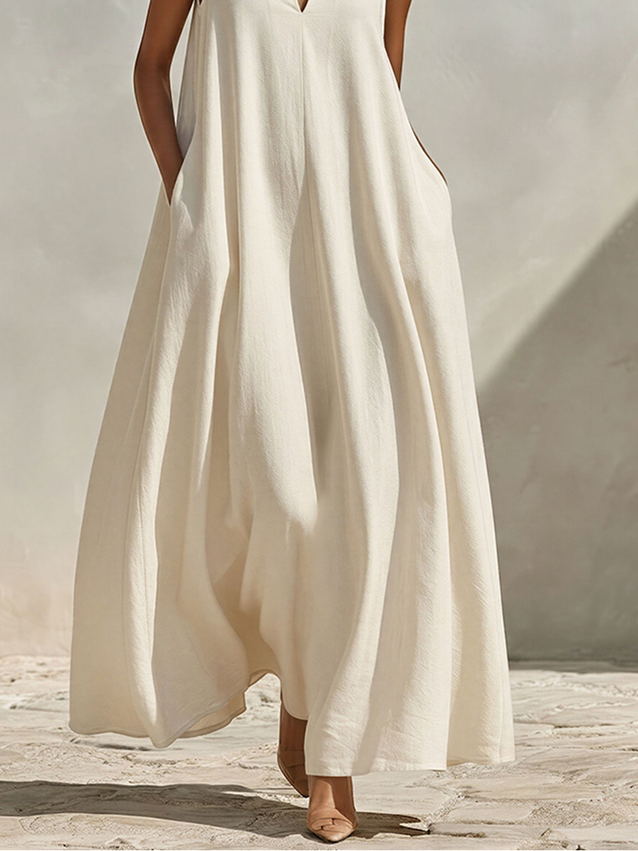 Women's Cream Linen Sleeveless Stand Collar Maxi Dress – ModClo