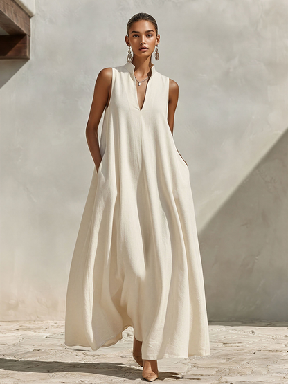 Women's Cream Linen Sleeveless Stand Collar Maxi Dress – ModClo