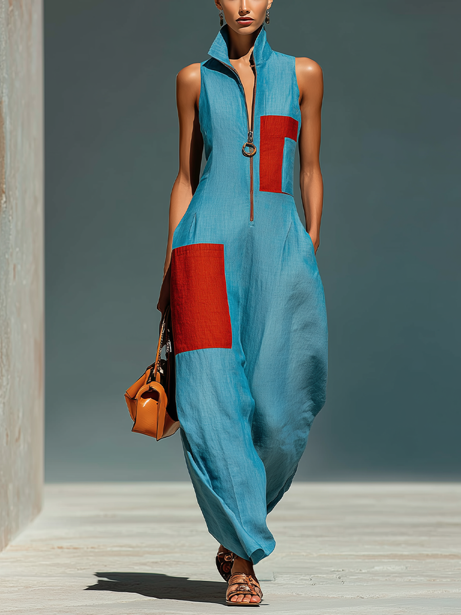 Women's Red Linen Sleeveless Stand Collar Jumpsuit – ModClo