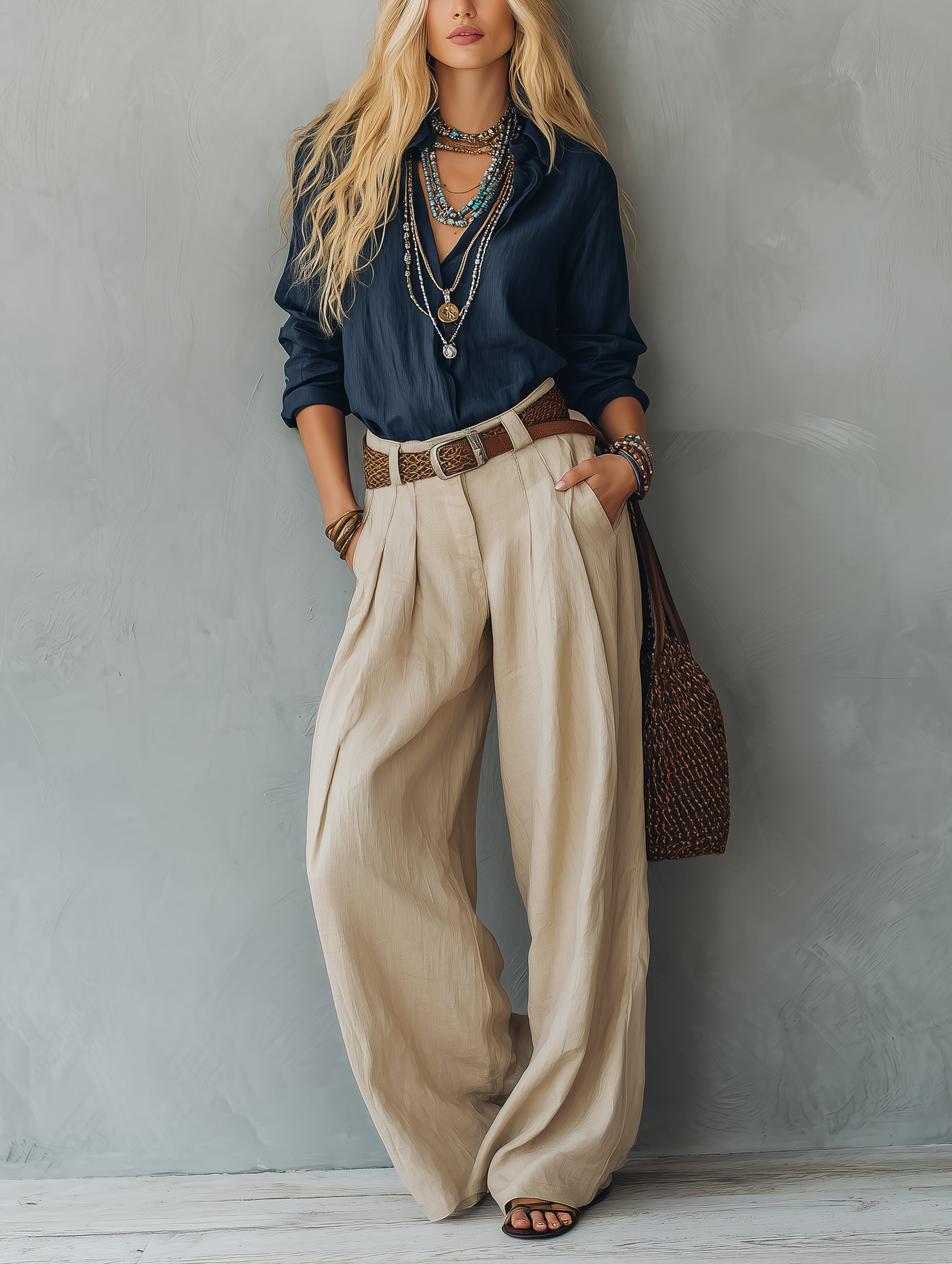 Women's Navy Linen Long Sleeve Shirt – ModClo