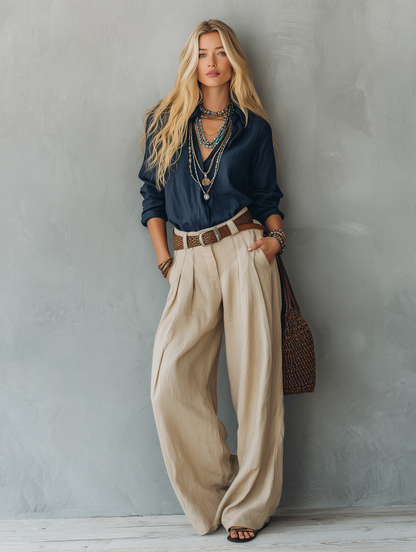 Women's Khaki Linen Long Sleeve Trousers – ModClo
