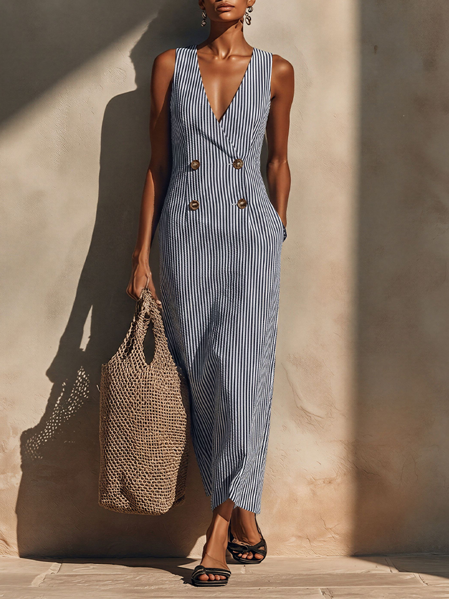 Women's White Cotton Striped Maxi Dress – ModClo