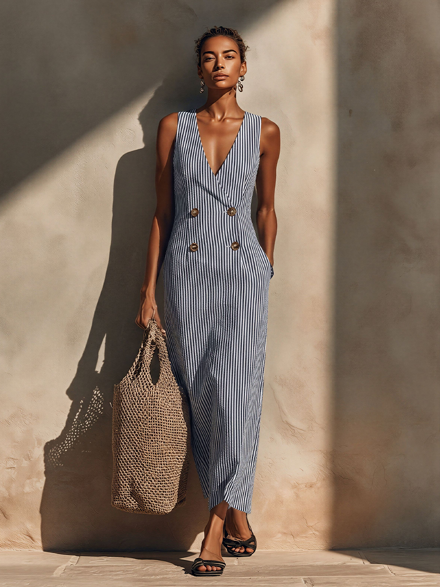 Women's White Cotton Striped Maxi Dress – ModClo