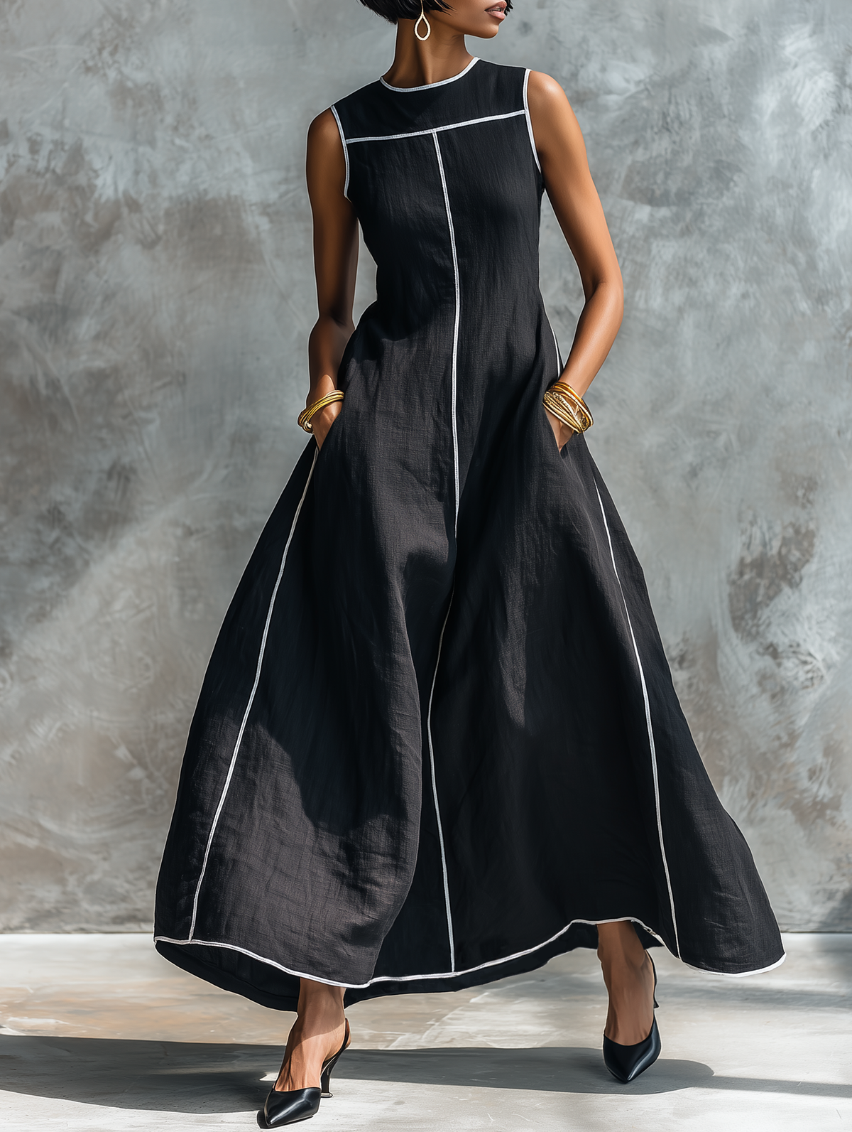 Women's Linen Round Neck Sleeveless Maxi Dress – ModClo