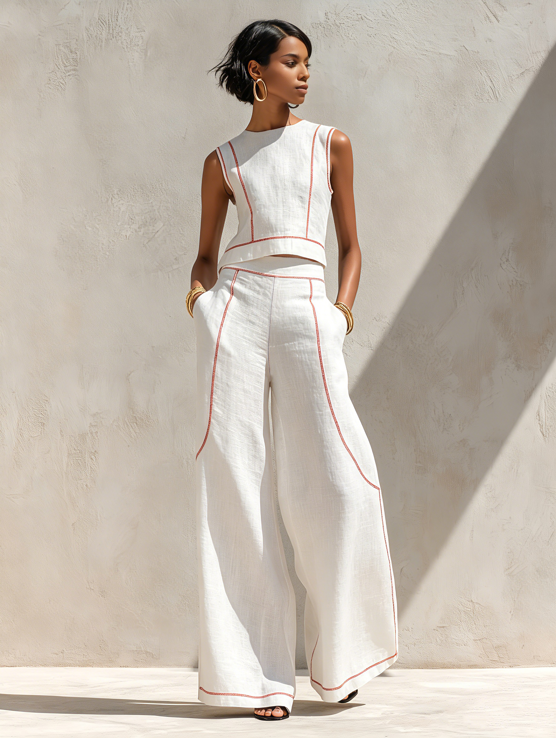 Women's Linen Blend Contrast Trouser Set – ModClo