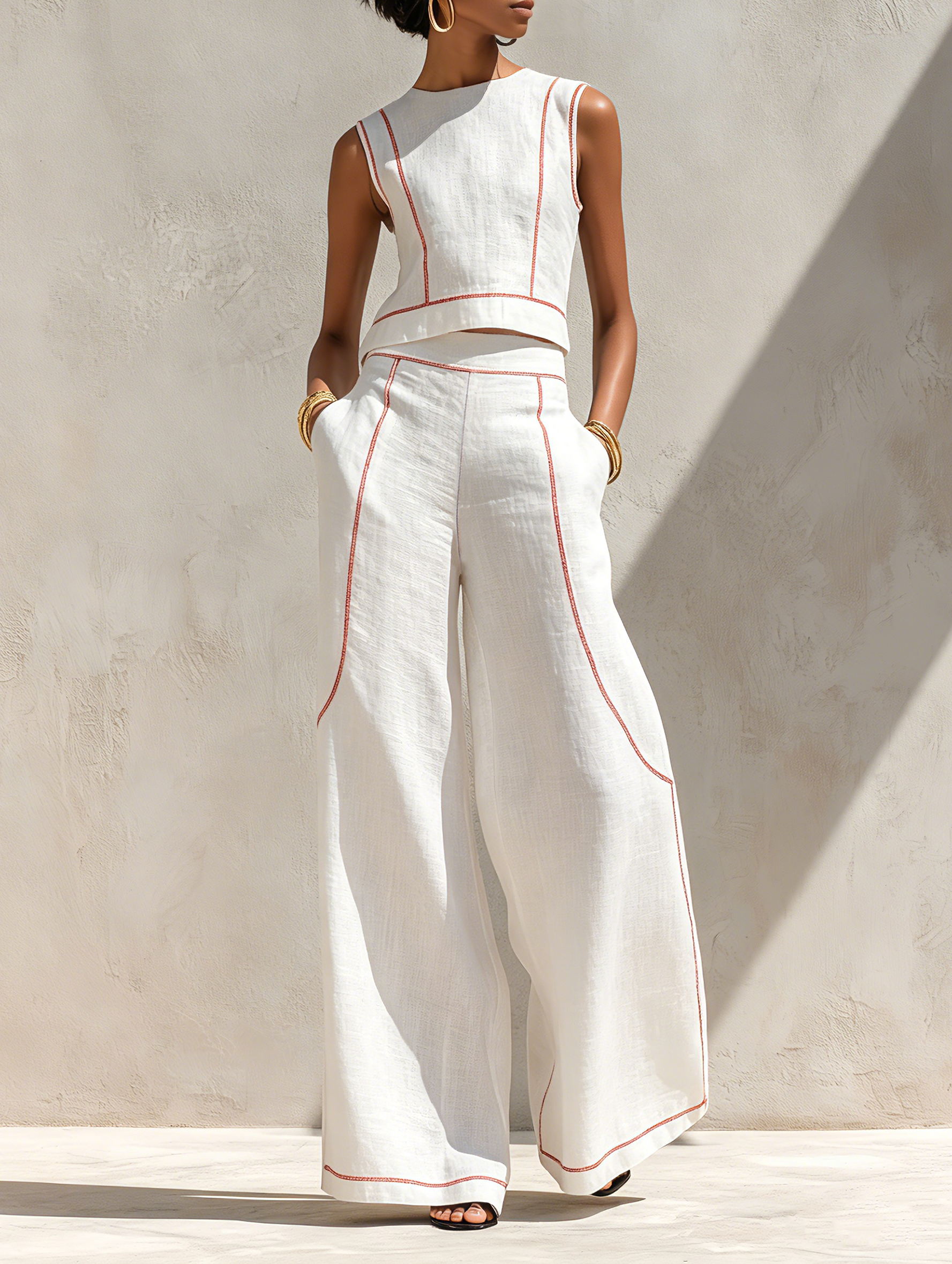 Women's Linen Blend Contrast Trouser Set – ModClo