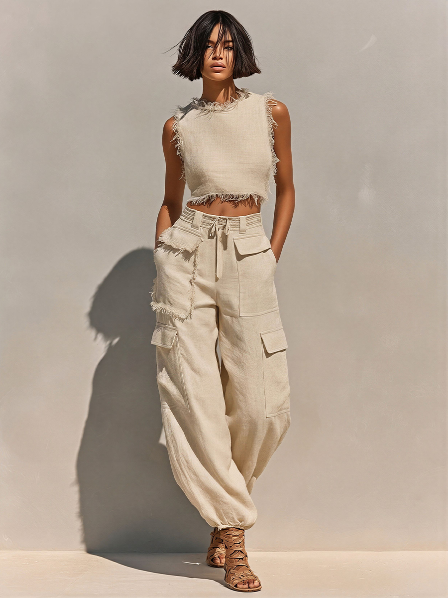 Women's Beige Linen Cargo Two-Piece Set – ModClo