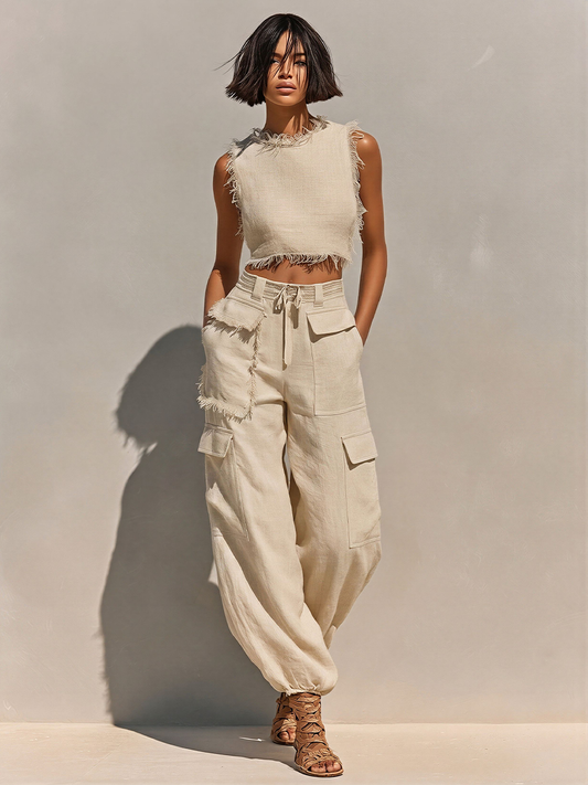 Women's Beige Linen Cargo Two-Piece Set – ModClo