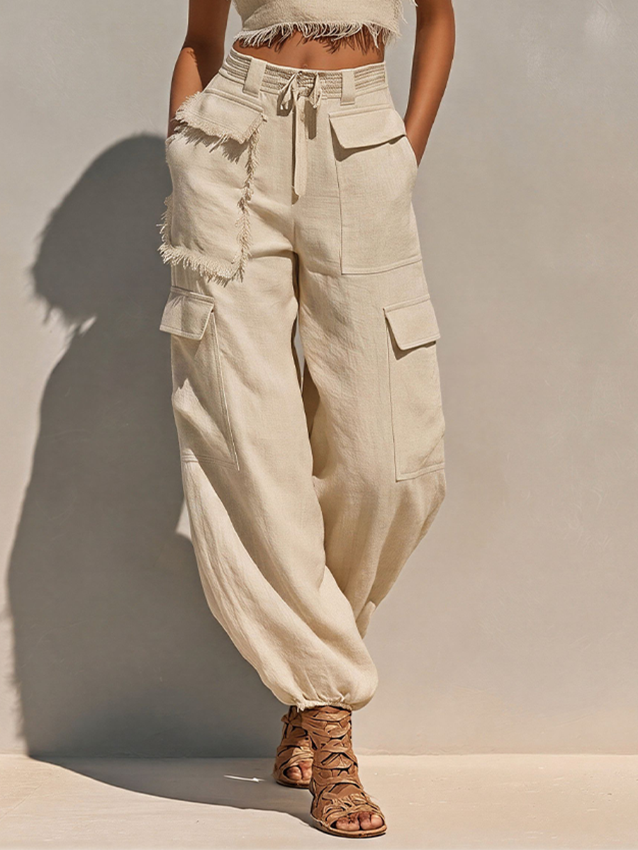 Women's Beige Linen Cargo Two-Piece Set – ModClo