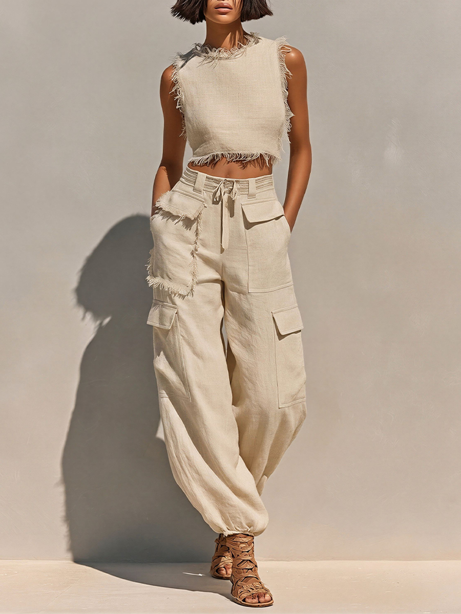 Women's Beige Linen Cargo Two-Piece Set – ModClo