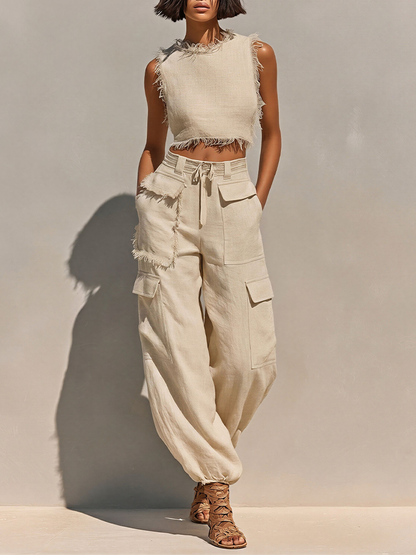 Women's Beige Linen Cargo Two-Piece Set – ModClo
