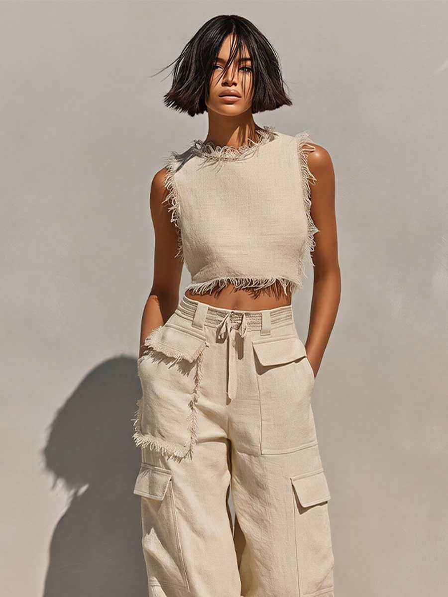 Women's Beige Linen Cargo Two-Piece Set – ModClo