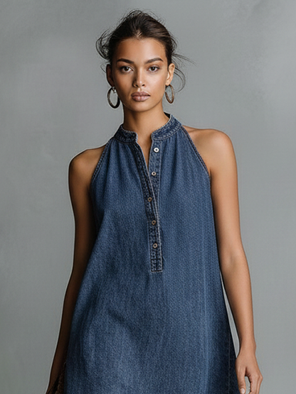 Women's Denim Sleeveless Stand Collar Mini Dress – ModClo