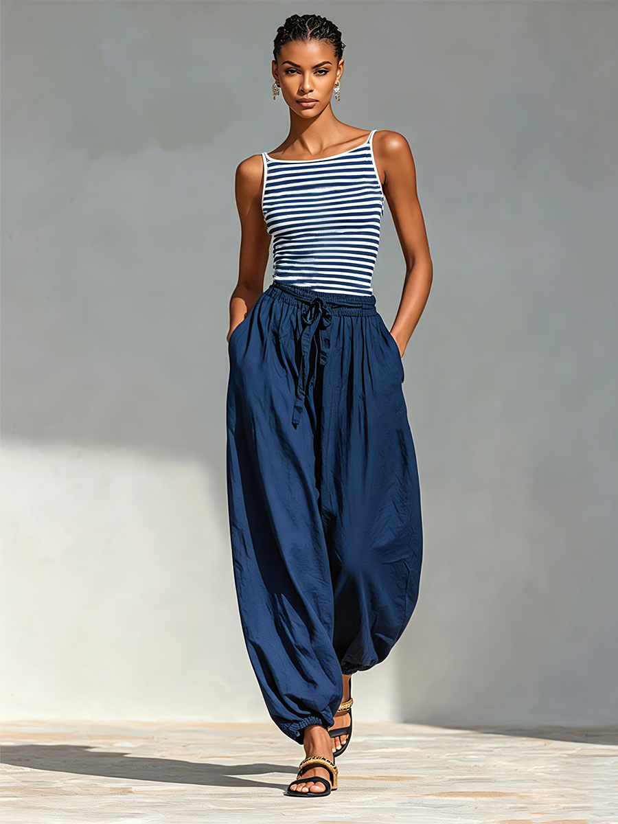 Women's White Cotton Square Neck Drawstring Two-Piece Set – ModClo