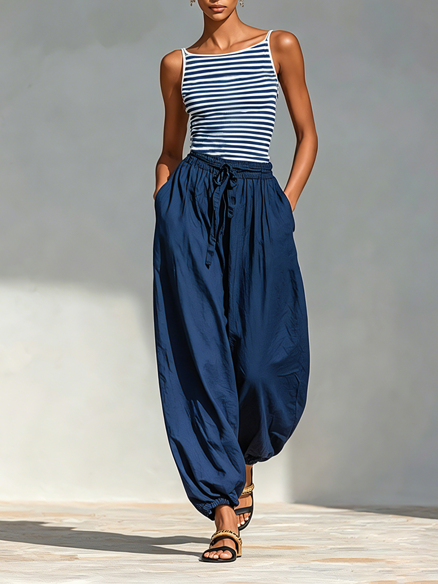 Women's White Cotton Square Neck Drawstring Two-Piece Set – ModClo