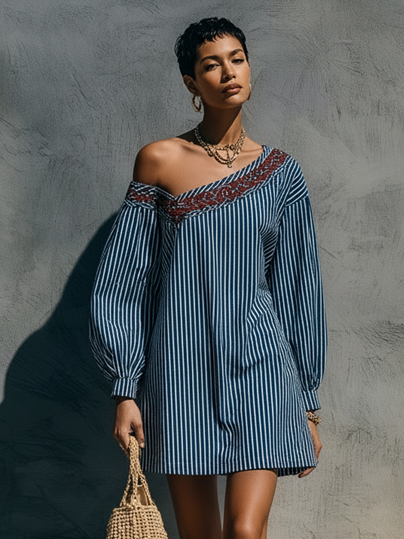 Women's Long Sleeve Embroidered Striped Mini Dress – ModClo