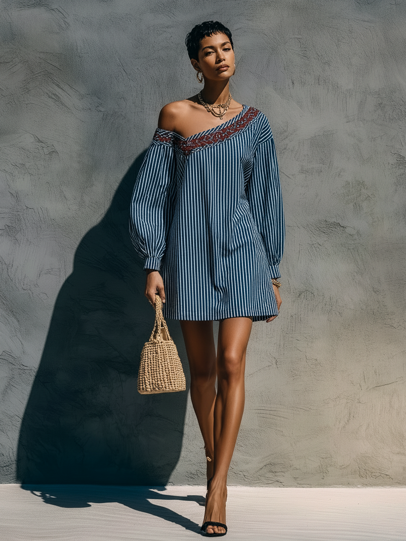 Women's Long Sleeve Embroidered Striped Mini Dress – ModClo