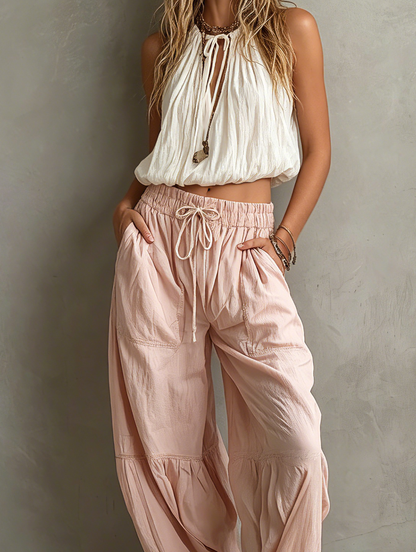 Women's White Woven Round Neck Sleeveless Trousers – ModClo