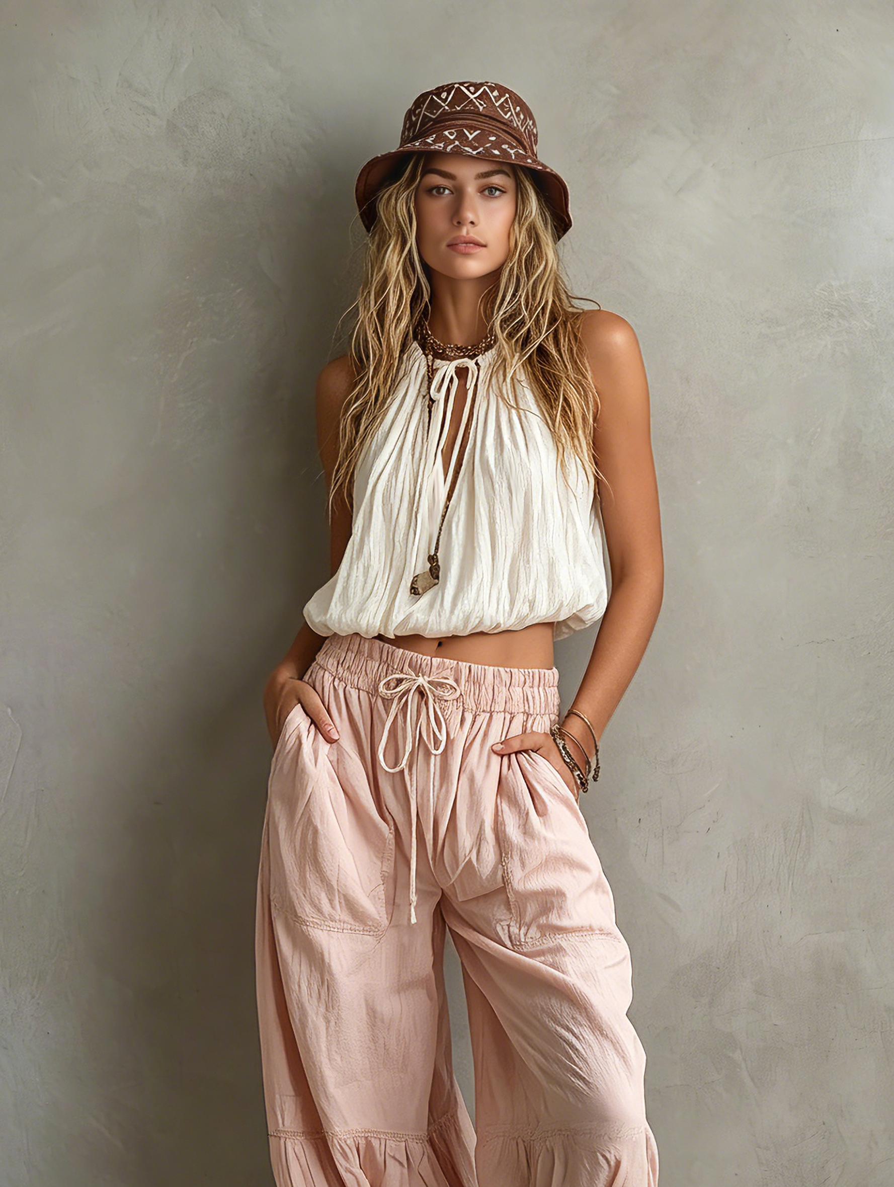 Women's White Woven Round Neck Sleeveless Trousers – ModClo