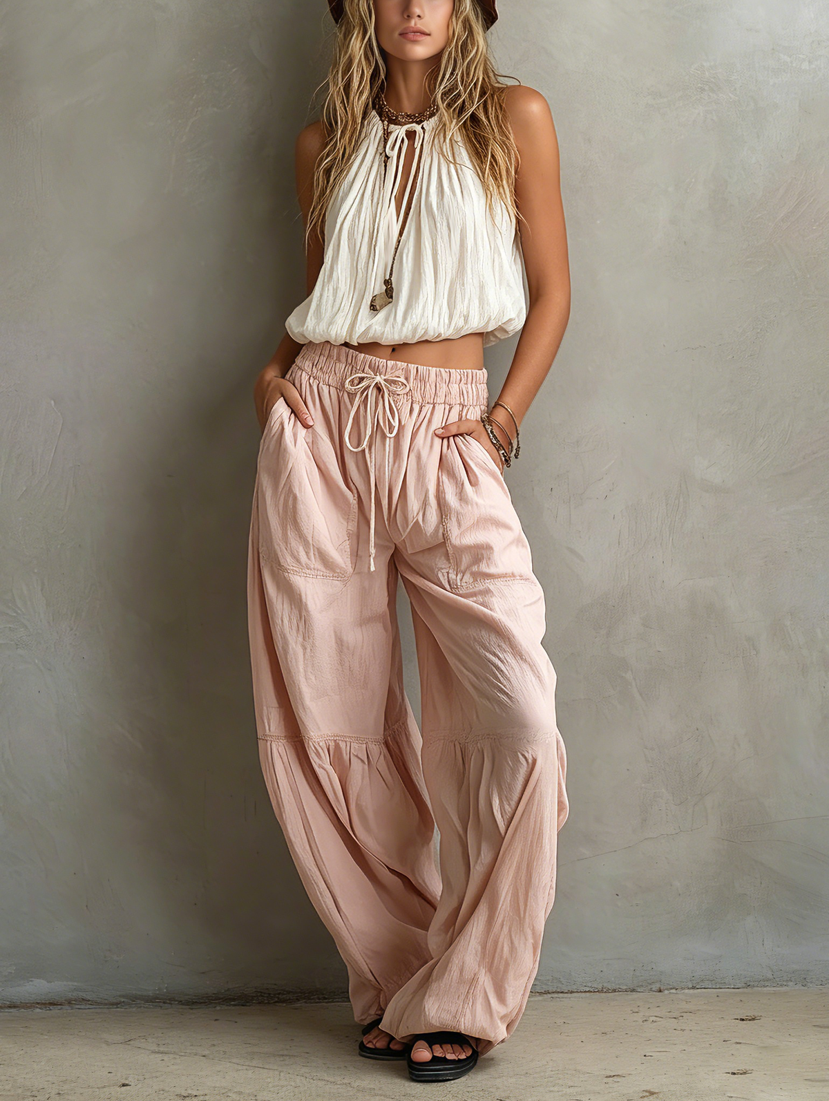 Women's White Woven Round Neck Sleeveless Trousers – ModClo