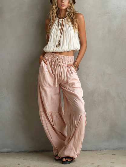 Women's White Woven Round Neck Sleeveless Trousers – ModClo