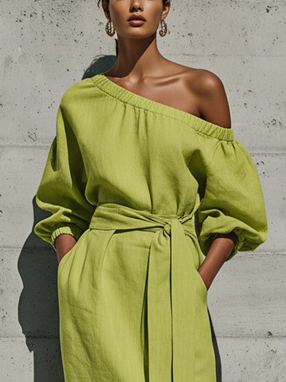 Women's Green Linen Puff Sleeve Slit Midi Dress – ModClo
