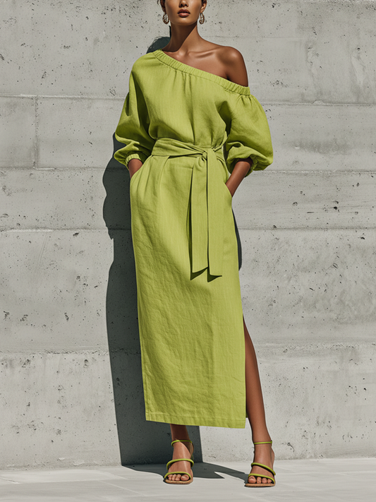 Women's Green Linen Puff Sleeve Slit Midi Dress – ModClo