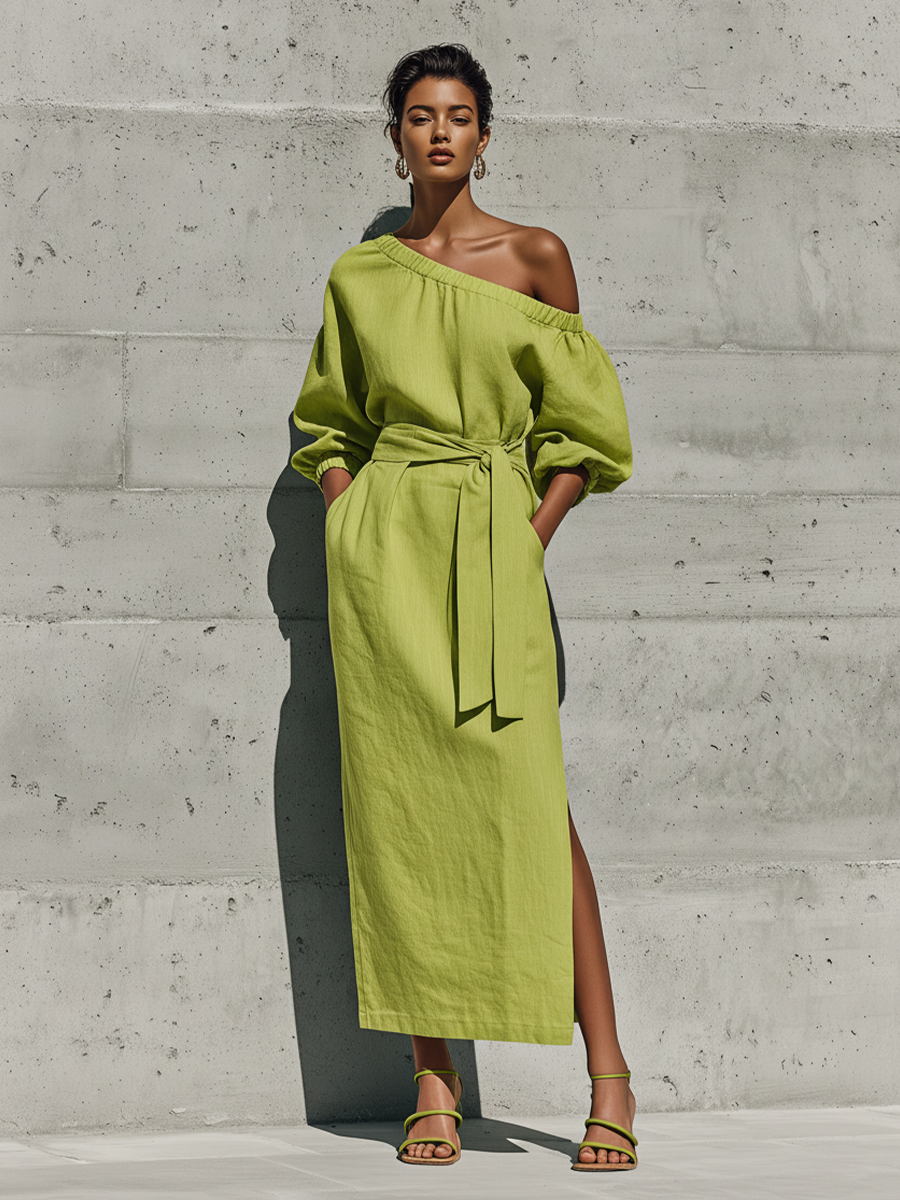 Women's Green Linen Puff Sleeve Slit Midi Dress – ModClo