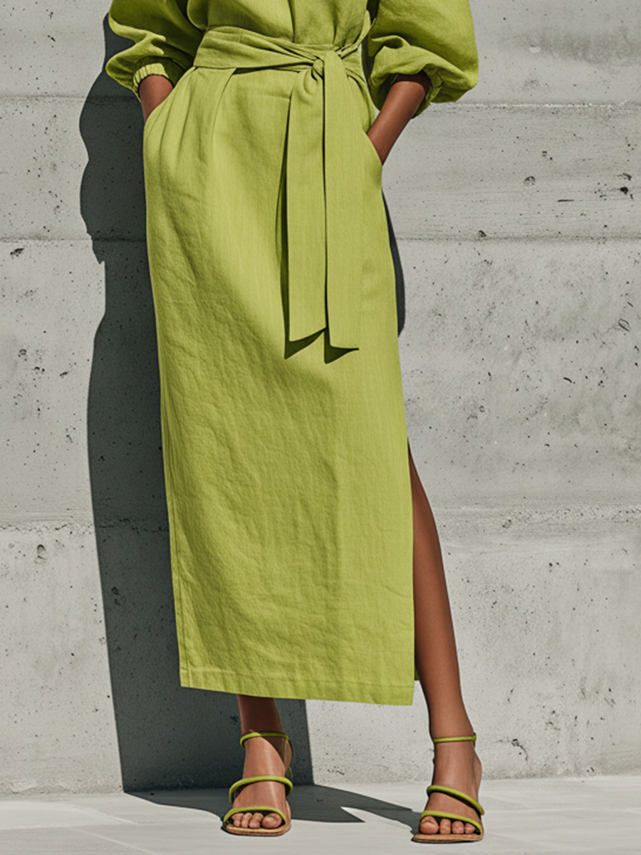 Women's Green Linen Puff Sleeve Slit Midi Dress – ModClo