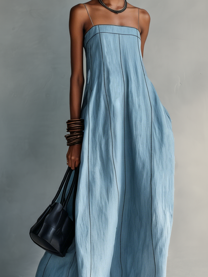 Women's Blue Linen Sleeveless Maxi Dress – ModClo