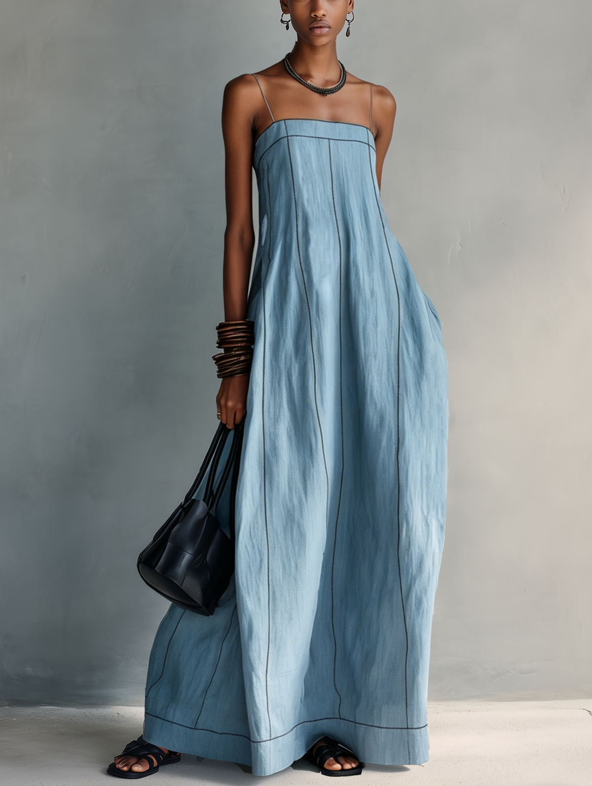 Women's Blue Linen Sleeveless Maxi Dress – ModClo