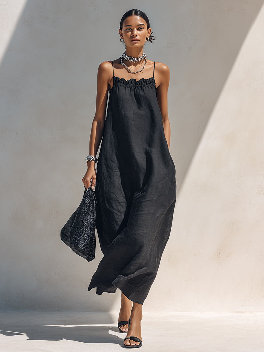 Women's Black Solid Ruffle Maxi Dress – ModClo
