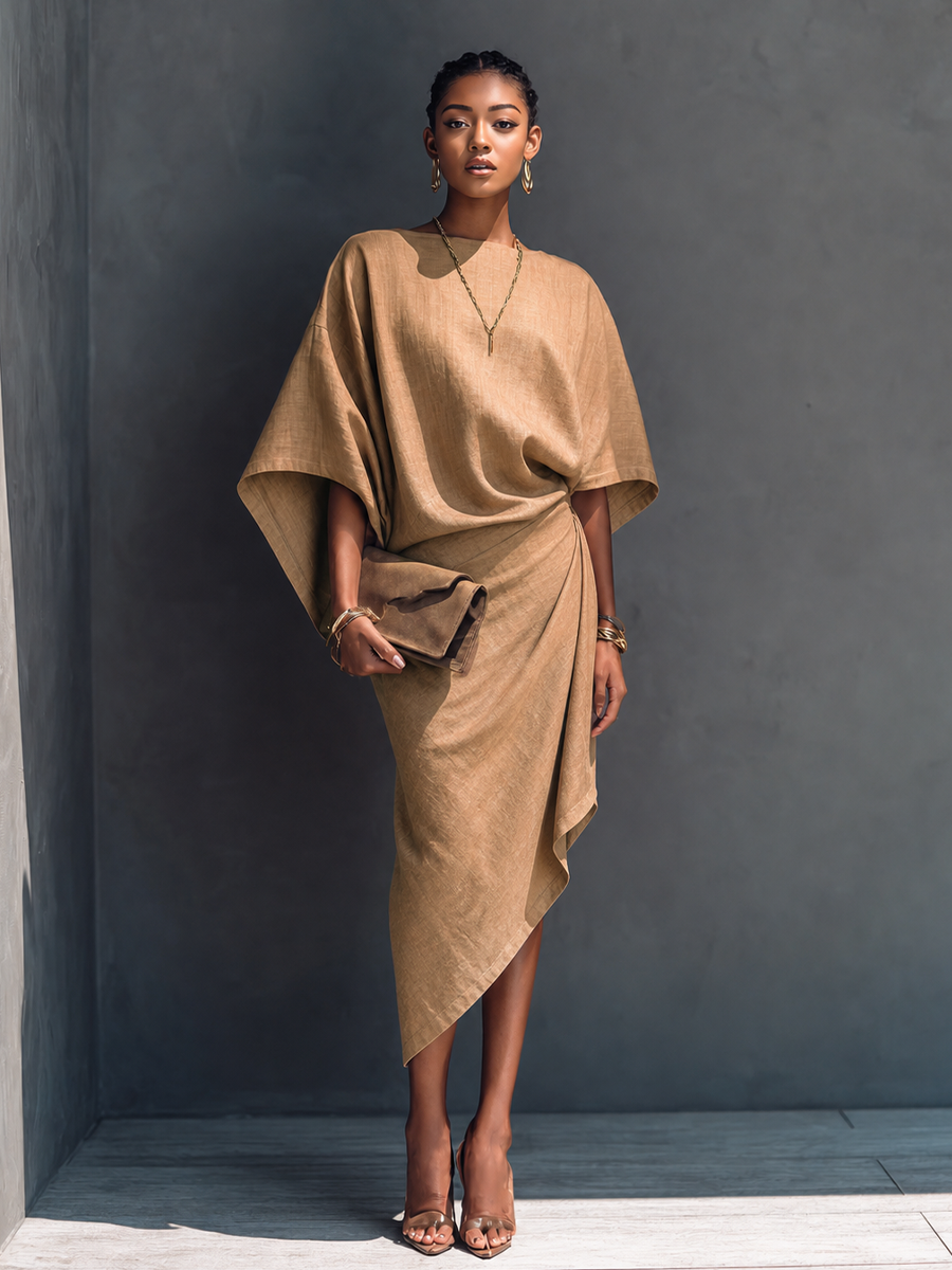 Women's Khaki Linen Short Sleeve Asymmetric Midi Dress – ModClo