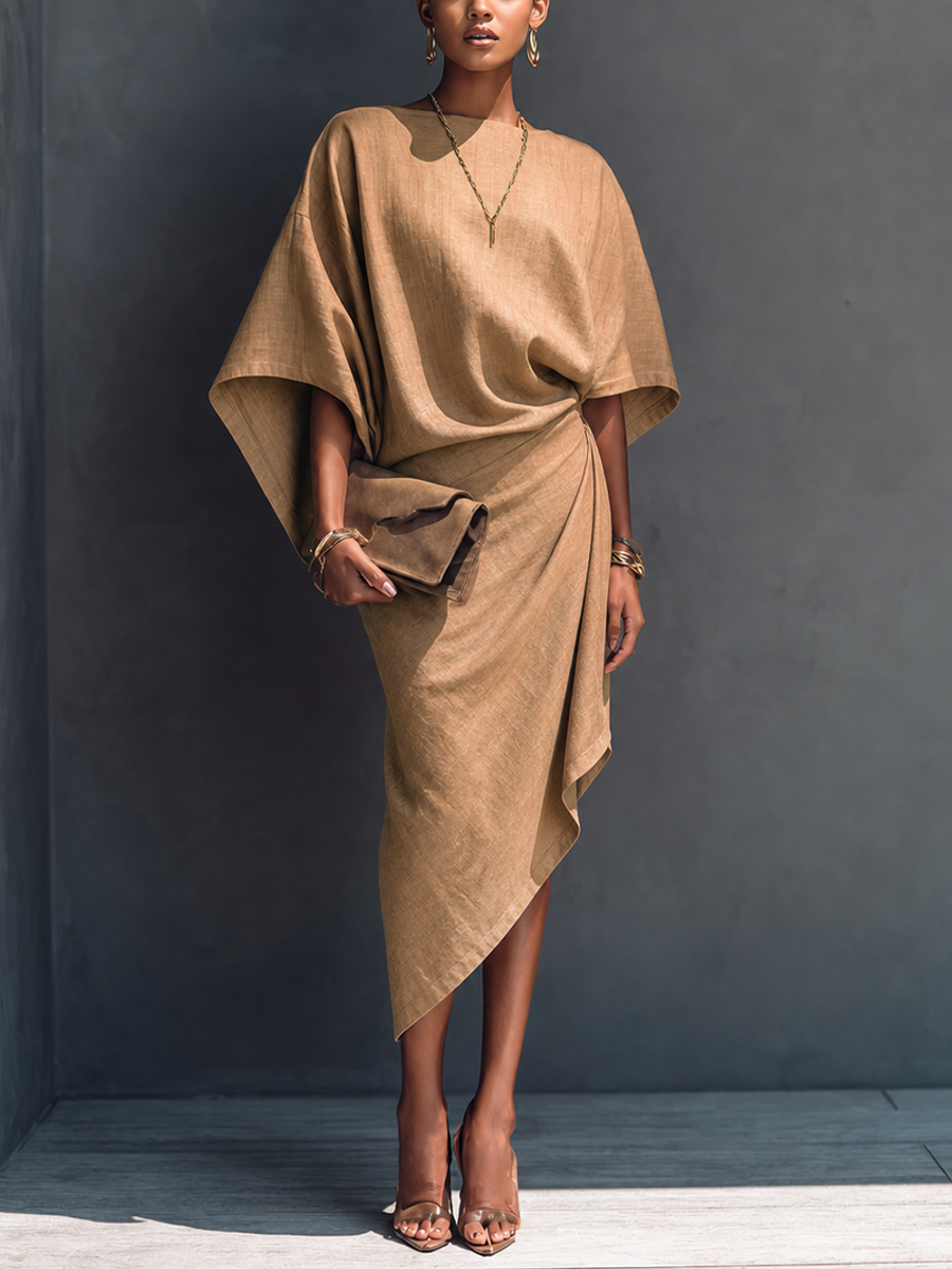 Women's Khaki Linen Short Sleeve Asymmetric Midi Dress – ModClo