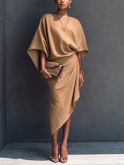 Women's Khaki Linen Short Sleeve Asymmetric Midi Dress – ModClo