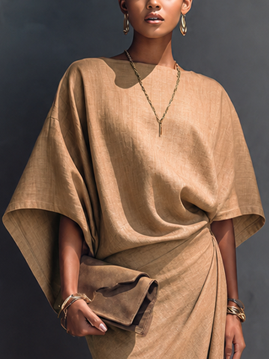 Women's Khaki Linen Short Sleeve Asymmetric Midi Dress – ModClo